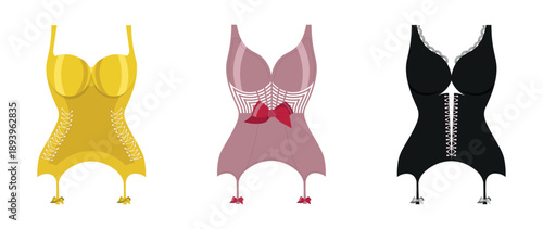 Set of seductive women's corsets in cartoon style.Vector illustration of yellow, pink, black corsets of various designs: with lacing, red bow, lace, garters for stockings isolated on white background.