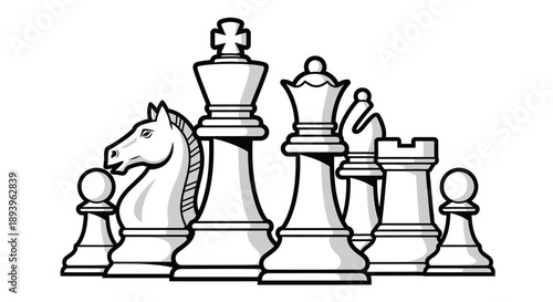 Black and white illustration of chess pieces arranged in a strategic formation, symbolizing intellect and competition