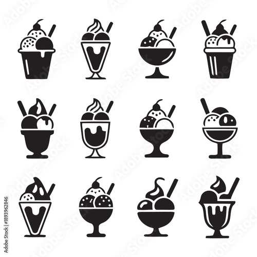 Collection of ice cream sundae and cone icons with various toppings scoops and serving dishes representing frozen desserts and sweet treats for summer