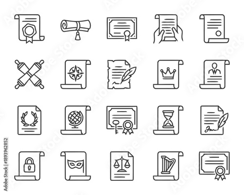 Collection of historical document and certificate icons including scroll, diploma, charter, deed, ancient paper, map, crown, award, contract, seal, hourglass, harp, mask, padlock, scales of justice
