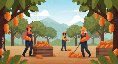 Agricultural workers in a vast field manually cutting and gathering abundant sugarcane crops, depicting traditional harvesting methods and the sweet sugar production process under a bright sky