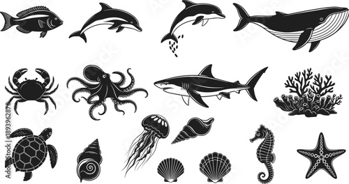 Marine life collection with shark, whale, dolphin, octopus, turtle, and coral silhouettes, cad drawing flat vector illustration for ocean nature.