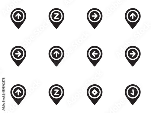Collection of map pin location icons with various directional arrows inside, indicating points of interest, destinations, and navigation markers on a map