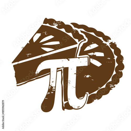 Vintage Grunge texture Brown pie with a slice and pi symbol on white background for math and dessert lovers  a tasty representation of a mathematical constant