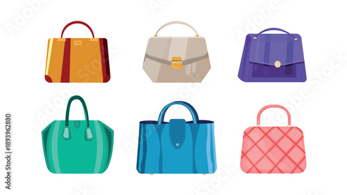 Set of elegant women's handbags in cartoon style.Vector illustration of modern handbags with handles, clasps of different shapes and designs isolated on white background.Accessories for everyday life.