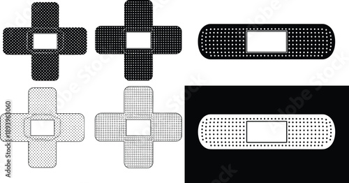 Medical Adhesive Bandage Icon Set Featuring First Aid Plasters and Cross Shaped Bandages for Wound Care Medical Treatment and Healthcare,