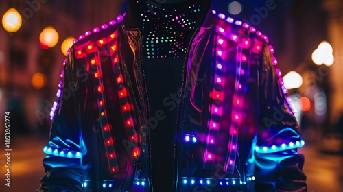 Electric runway: A jacket illuminated with vibrant leds set against an urban background