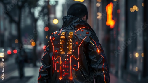 Person wearing glowing futuristic jacket walking on a city street at twilight hours