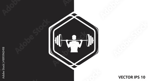 Weightlifter silhouette lifting barbell overhead in a hexagonal frame on a stylish black and white background.