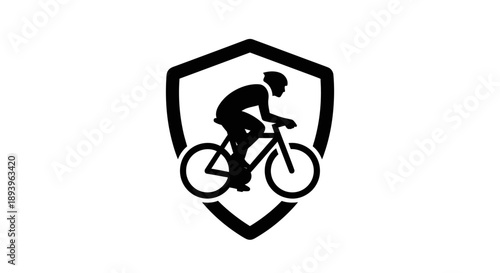 Cyclist silhouette riding a bicycle within a shield emblem, isolated white background, promoting cycling and endurance.