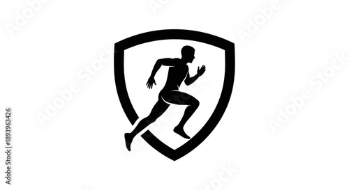 Running man silhouette in a protective shield emblem, isolated white background, representing speed and athleticism.