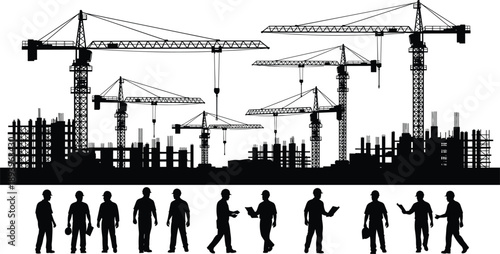 Black silhouettes of construction site with tower cranes, building frames, and industrial workers in hard hats isolated on white background.