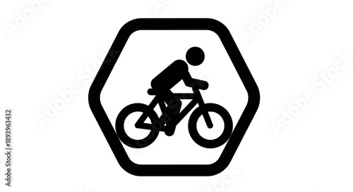 Cyclist silhouette riding a bicycle in a hexagonal frame, isolated white background, active and swift.
