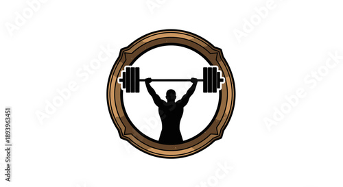 Strong weightlifter silhouette lifting barbell overhead in a rustic circular frame, isolated white background.