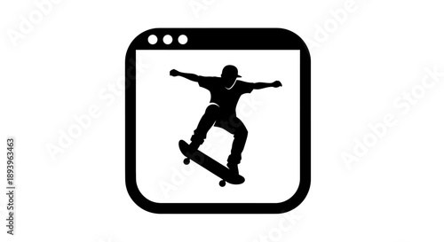 Male skateboarder performing a trick in a web browser window icon, isolated white background.