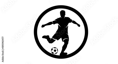 Male soccer player kicking a football in a circular icon, isolated white background.