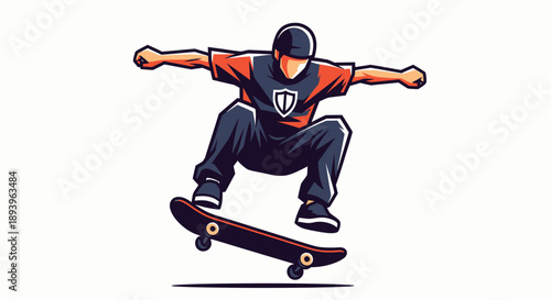 Dynamic male skateboarder in mid-air performing a trick in a bright studio, isolated white background.