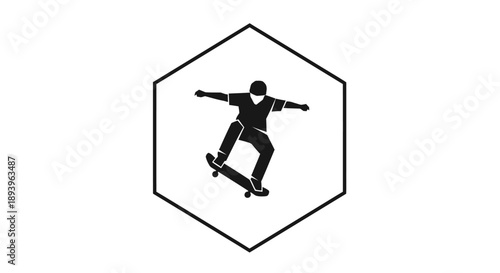 Male skateboarder performing a trick in a hexagonal icon, isolated white background.