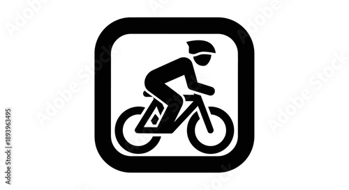 Male cyclist riding a bicycle in a rounded square icon, isolated white background.