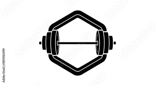 Barbell weightlifting equipment in a hexagonal shape icon, isolated white background.
