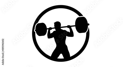 Strong weightlifter lifting a heavy barbell in a circular frame, isolated white background.