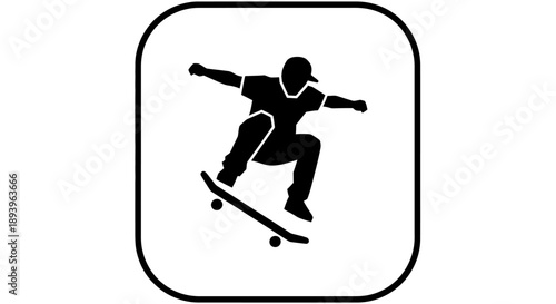 Skateboarder performing an ollie jump trick in a rounded square frame, isolated white background.