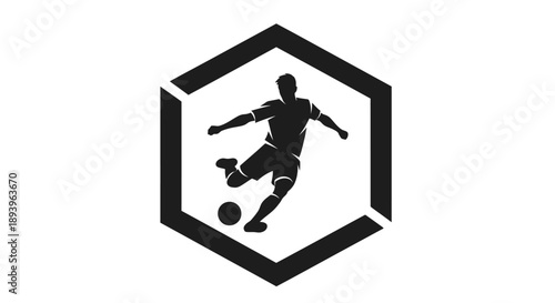Football player kicking a soccer ball in a hexagonal frame, isolated white background.