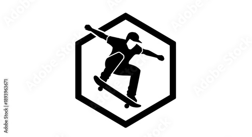 Skateboarder performing an ollie jump trick in a hexagonal frame, isolated white background.