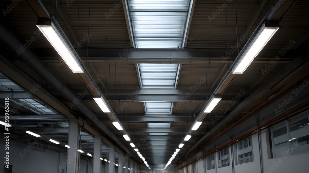 Obraz premium Modern industrial building interior with rows of fluorescent ceiling lights and skylights