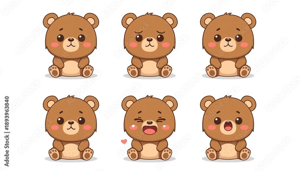 Fototapeta premium A set of adorable cartoon bears with different facial expressions on a white background