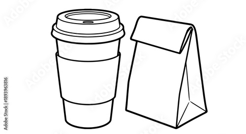 Takeaway Coffee Cup and Paper Bag Line Art Illustration. Black and white outline sketch of breakfast or lunch to go set.