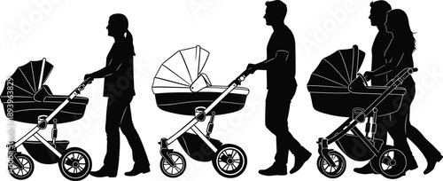 Mother father and couple pushing baby strollers silhouettes set in black and white cad drawing flat vector illustration collection