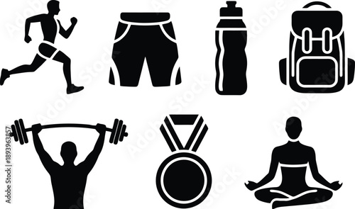 Fitness and athletic icons including running weightlifting and meditation