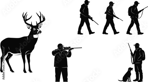 Black silhouette hunting scene with deer hunters rifles dog wildlife tracking outdoor adventure military style vector illustration, isolated white background