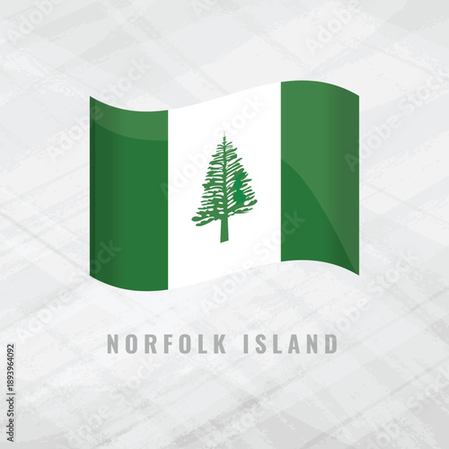 3D illustration of the waving flag of Norfolk Island. Vector national symbol of the Australian territory on a grey background. Features the iconic Norfolk Island pine tree on a green field.