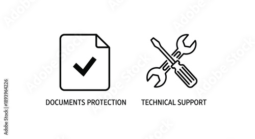Technical Support and Document Protection Icons in Simple Line Art Style with Black Color on White Background for Web Design