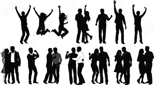 Black silhouettes of happy people jumping, couples dancing, and expressive group poses isolated on white background, vector illustration for celebration.