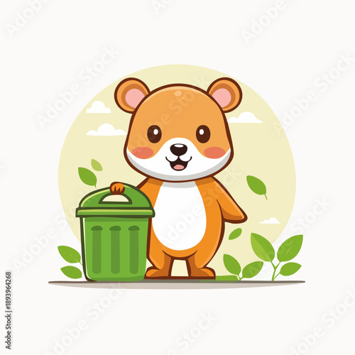 Vector icon of a baby animal properly disposing waste into a trash can, clean minimal design