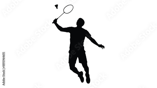 A black silhouette of a badminton player preparing to strike during a game