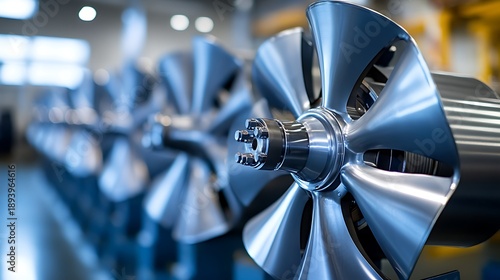 Close-up of a shiny metal propeller in a manufacturing facility, with other propellers blurred in the background.