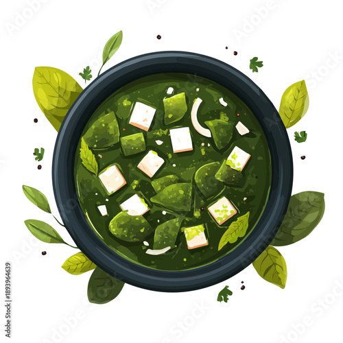 2D minimalist flat vector of a Saag Paneer, contemporary clean design isolated on white.
