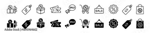 Collection of sale and discount icons black and white linear and solid fill representing shopping promotions and price reduction symbols for e-commerce and retail marketing concepts