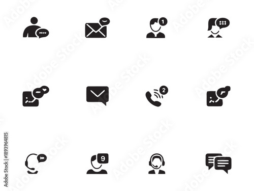 Communication icons featuring people messaging via speech bubbles email phone calls and headsets representing customer support online chat and digital conversation methods