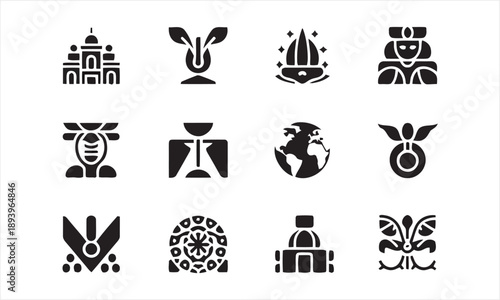 Cultural and abstract icons including architecture plants globe and award symbols representing heritage growth global connection and achievement vector elements