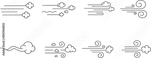 Wind blow line icon set with air flow, breeze swirl and weather motion symbols collection