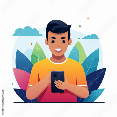 Vector illustration of a person using a smartphone app, clean flat design, soft gradients