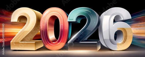 Vibrant 2026 digits in holographic style with colorful motion and glowing light streaks