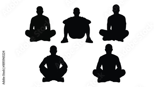 Silhouettes of six people meditating in a lotus position against a white background