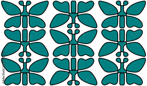 Deep teal butterfly seamless pattern in mid-century modern style Abstract geometric butterfly motif for textile and fabric design