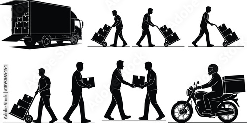 Delivery courier silhouettes collection, logistics transport service poses with boxes truck motorcycle, shipping business illustration, black isolated vector set